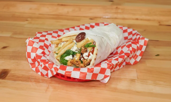 The Greek Way chicken gyro with fries, feta and olives.